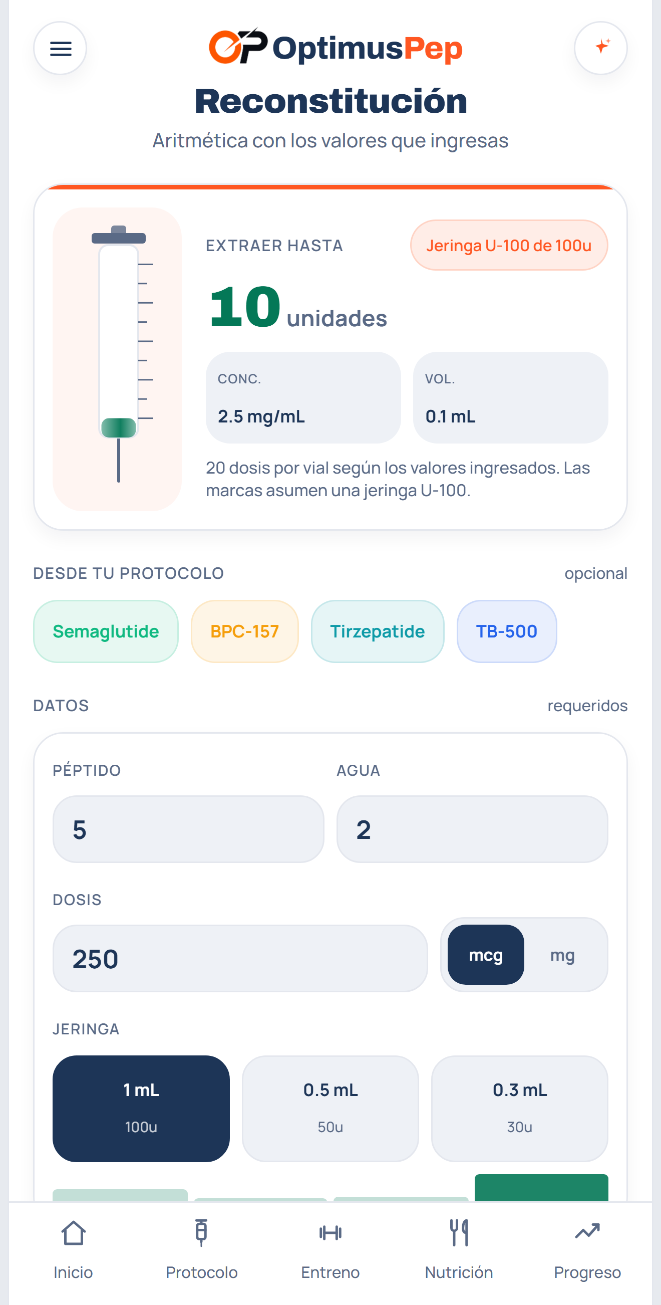 La calculadora de reconstitución de OptimusPep en un iPhone