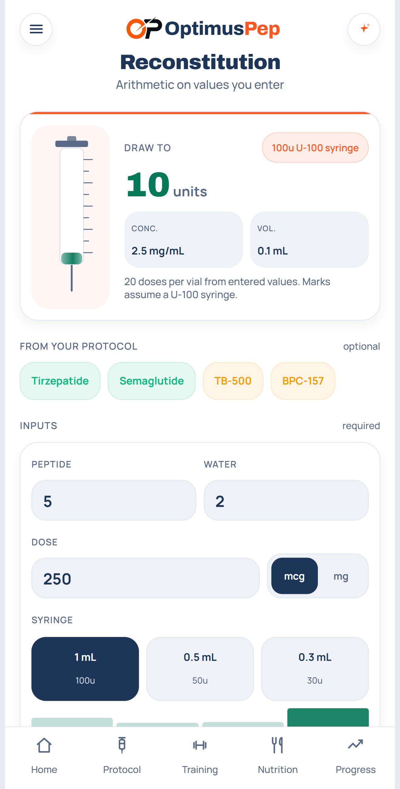 The OptimusPep reconstitution calculator on iPhone