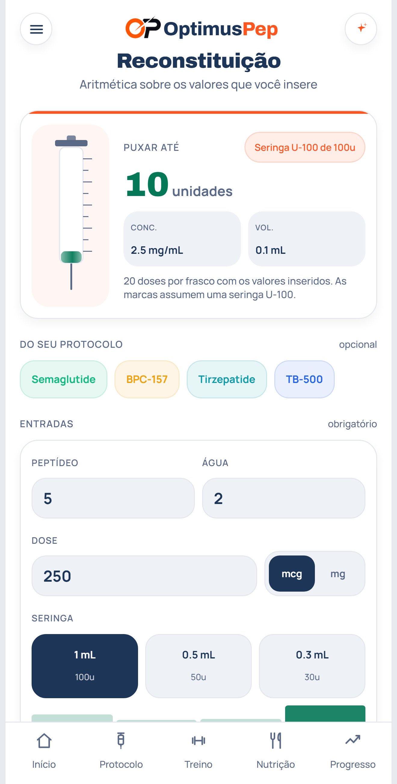 A calculadora de reconstituição do OptimusPep em um iPhone