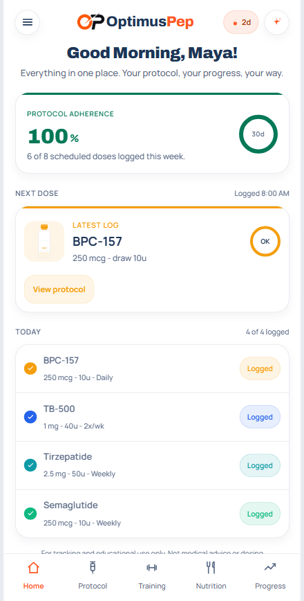 The OptimusPep home dashboard on iPhone