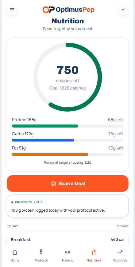 The OptimusPep nutrition screen showing calories and macros against a target