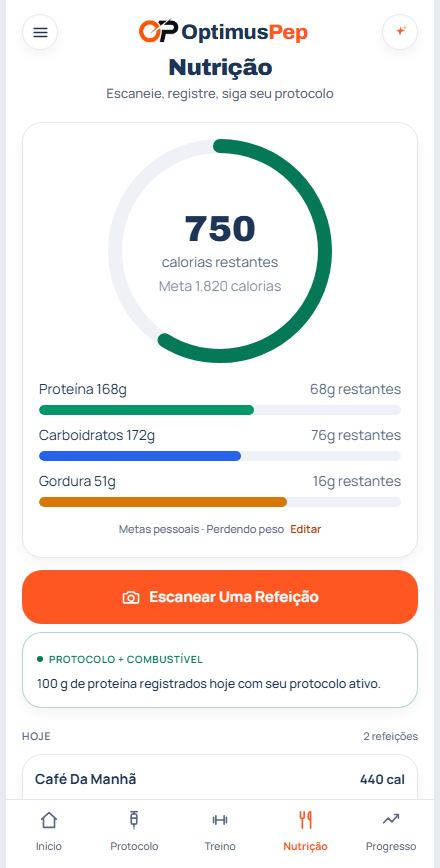 A tela de nutrição do OptimusPep mostrando calorias e macros em relação a uma meta