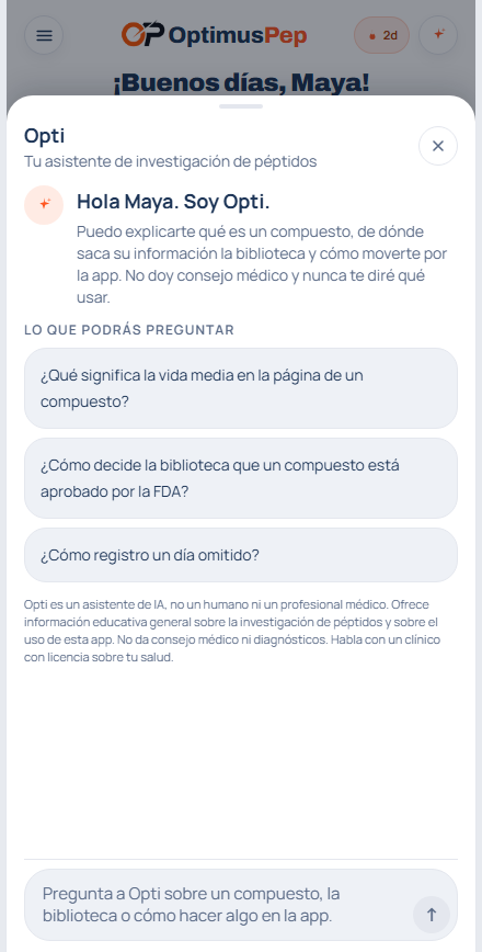 Opti, el asistente dentro de la app, presentando las preguntas que puede responder