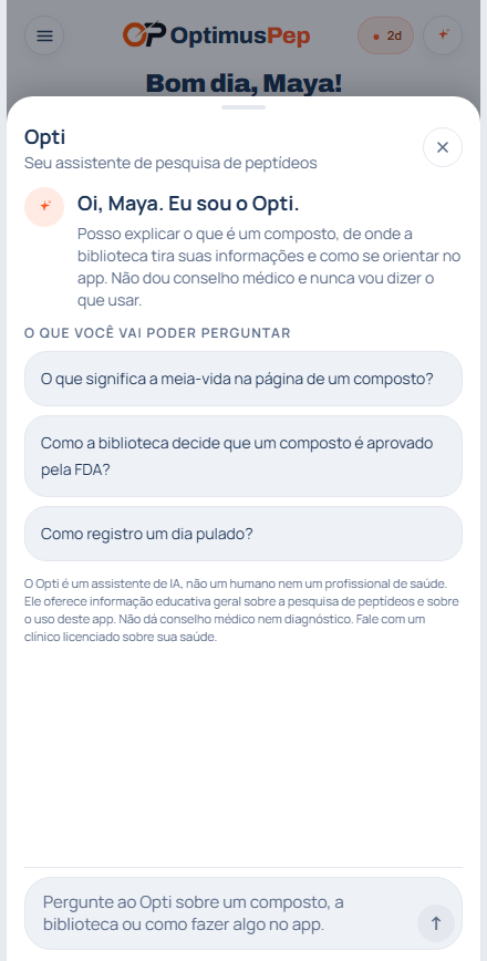 O Opti, assistente dentro do app, apresentando as perguntas que consegue responder