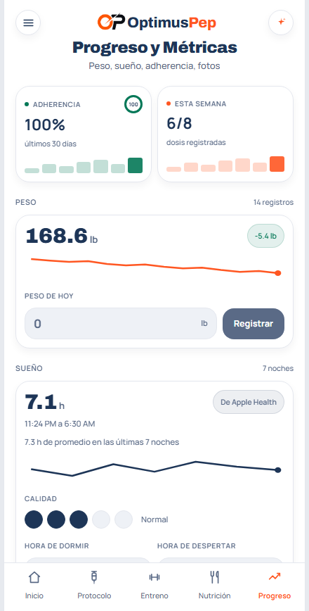 Tendencias de peso y sueño en OptimusPep, leídas desde Apple Health