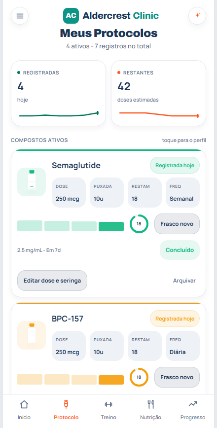 Um protocolo atribuído pelo prescritor no app do paciente, com a marca de uma clínica de exemplo