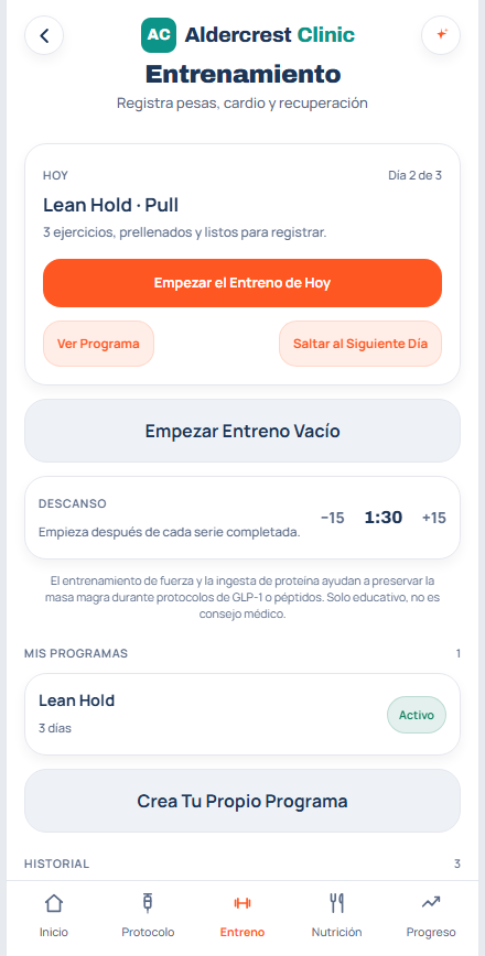 El registro de entrenamiento en la app del paciente, con la marca de una clínica de ejemplo