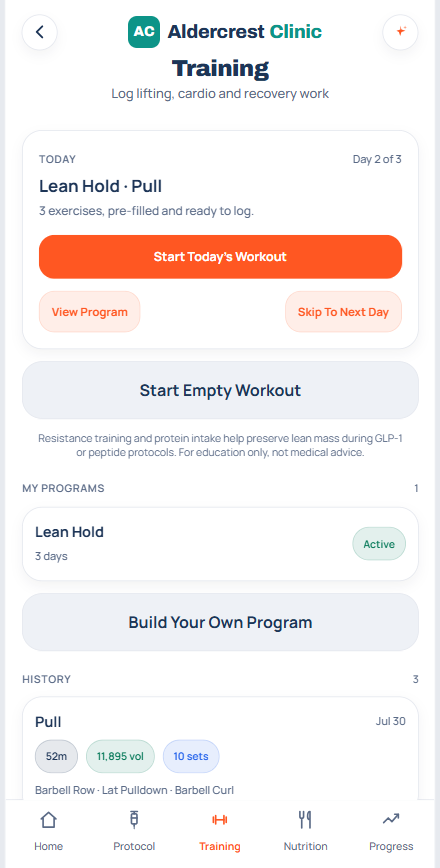 The training log in the patient app, wearing a sample clinic's brand