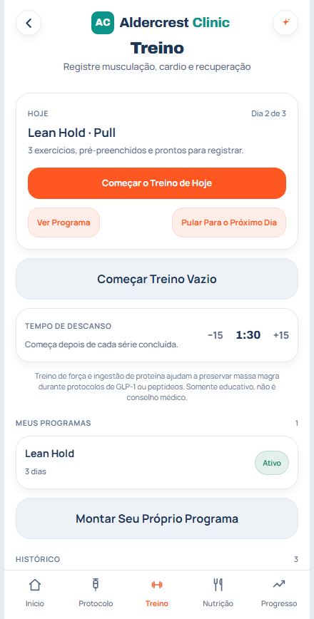 O registro de treino no app do paciente, com a marca de uma clínica de exemplo