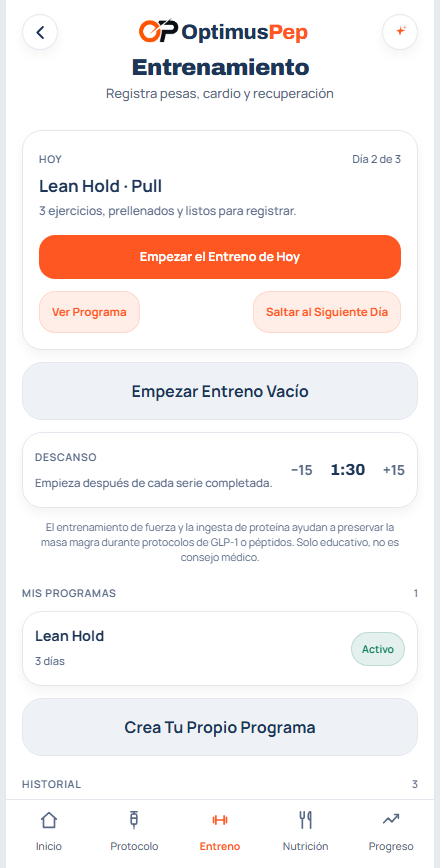 El registro de entrenamiento de OptimusPep en un iPhone