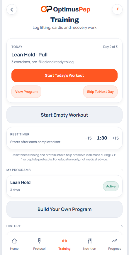 The OptimusPep training log on iPhone