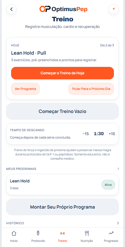 O registro de treino do OptimusPep em um iPhone